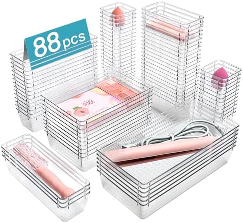 Vtopmart 88PCS Clear Plastic Drawer Organizers Set, 5-Size Versatile Bathroom Drawer Organizer Trays, Storage Bins for Makeup, Vanity, Kitchen Gadgets Utensils and Office Vtopmart