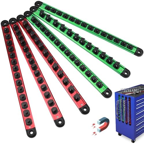 Magnetic Socket Holder Organizer Set: 9-Piece Detachable 1/4, 3/8, 1/2 Socket Trays Socket Organizer for Tool Box Drawer Holds 120-Piece Standard Size Sockets for Automotive Garage(Blue Red Green) Sedy