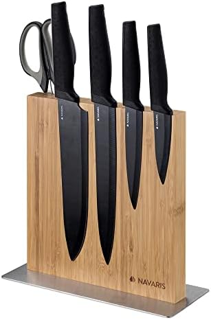 Navaris Magnetic Wooden Knife Block - Kitchen Storage with Strong Magnets for Knives & Utensils - Simple Modern Utensil Holder in Acacia Wood - 8.9" x 8.7" Navaris