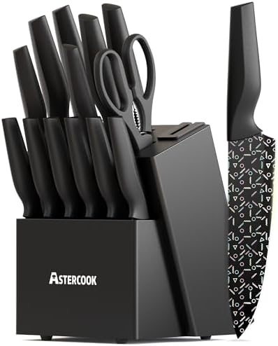 Astercook Knife Set, 15 Pieces Kitchen knives Set with Built-in Sharpener, High Carbon German Stainless Steel Knife Block Sets, Dishwasher Safe, Black Astercook