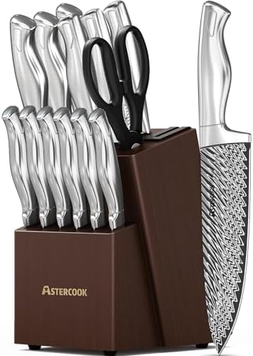 Knife Set, 15 Pieces Kitchen Knife Set with Built in Sharpener Block, German Stainless Steel Knife Block Set Astercook