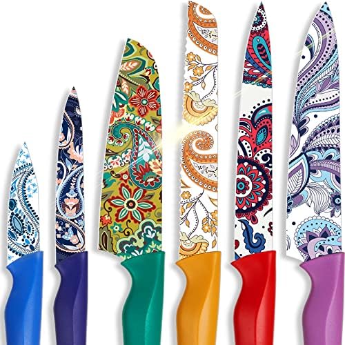 Astercook Fantasy Space Pattern Knife Set with Cover, Dishwasher Safe Colorful Knives with 6 Knife Sheath, German Stainless Steel Rainbow Knife Set Astercook