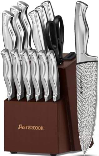 Astercook Knife Set, 15-Piece Kitchen Knife Set with Block, Built-in Knife Sharpener, German Stainless Steel Knife Block Set, Dishwasher Safe Astercook