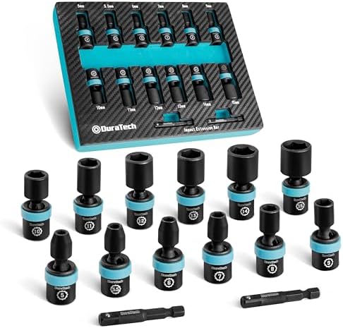 DURATECH 1/4" Drive Impact Universal Joint Socket Set, Swivel Socket Set, 16-Piece, Metric Impact Sockets (5-15 MM) with 2" Extension Bars, Cr-Mo Steel, Organized in EVA Foam Organizer Duratech