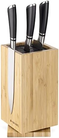 Navaris Rotating Wood Knife Block - Magnetic Universal Holder without Knives - Kitchen Storage with Plastic Bristles and Magnetic Sides - Acacia Navaris