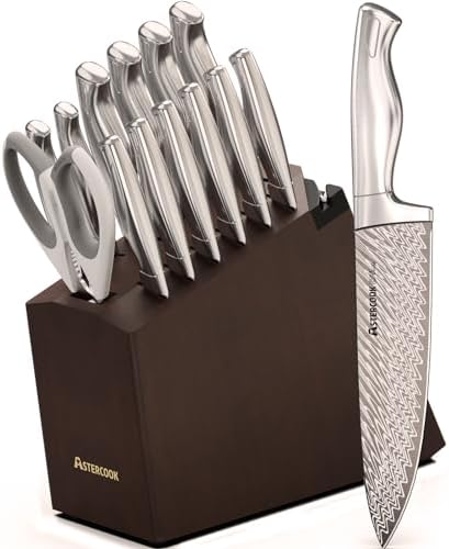 Knife Set, Astercook 15 Pcs Knife Sets for Kitchen with Block, Dishwasher Safe Kitchen Knife Set with Built-in Sharpener, German Stainless Steel Knife Block Set Astercook