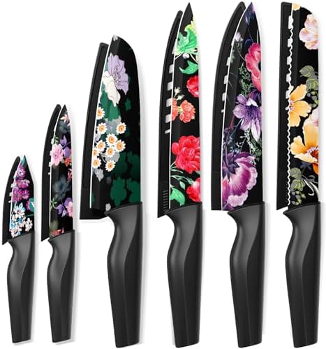 Astercook Knife Set, 12-Piece Flower Kitchen Knives Sets with Blade Guards, Dishwasher Safe, German High Carbon Stainless Steel, Perfect Gifts for Kitchen Astercook