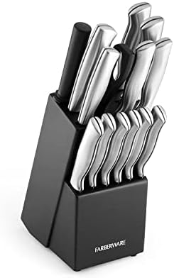 Farberware 15-Piece High-Carbon Stamped Stainless Steel Kitchen Knife Set with Wood Block, Steak Knives, Razor-Sharp, Black, Ultra-Sharp Blades, Ergonomic Comfort Grip Farberware