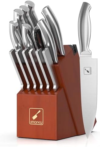 Imarku Knife Set, 15 Pieces Kitchen Knife Set with Block, High Carbon-Stainless Steel Kitchen Knives with Built-in Sharpener, Professional Knife Block Set for Valentine's Day Gifts, Brown Imarku