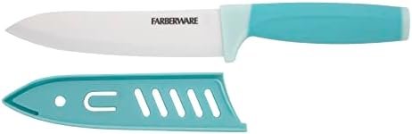 Farberware Ceramic 5- Inch Santoku Knife with Custom-Fit Blade Cover, Razor-Sharp Kitchen Knife with Ergonomic, Soft-Grip Handle, Dishwasher-Safe, 5-inch, Aqua Farberware