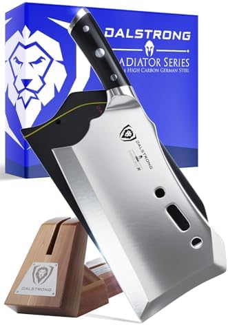 Dalstrong Obliterator Meat & Veggie Cleaver Knife - 9 inch - Gladiator Series R - Wood Stand & Sheath Cover - Razor Sharp Heavy Duty Bone Chopper- 3lbs 6mm Thick - 7CR17MOV Carbon Steel - G10 Handle DALSTRONG