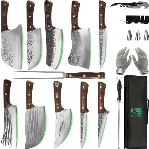 FULLHI 13pcs Portable Butcher Knife Set with Meat Fork Kitchen Knife Set with Bag High Carbon Steel Chef's Knife Fish Knife For Kitchen, Camping, BBQ FULLHI