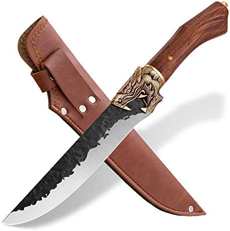 Purple Dragon Meat Cleaver Hand Forged Chef Knives Sharp Boning Knives Butcher Knife with Leather Bag and Gift Box German Steel 7Cr17Mov 7 inch for Kitchen Outdoor BBQ Camping Tactical Purple Dragon