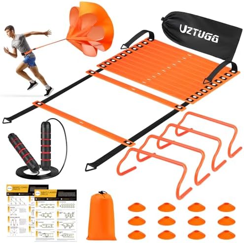 Soccer Training Equipment, Speed Agility Training Equipment for Kids Youth Adults, 20ft Agility Ladder, 4 Hurdles, Jump Rope, 12 Soccer Cones, Running Parachute, Basketball Football Training Equipment UZTUGG