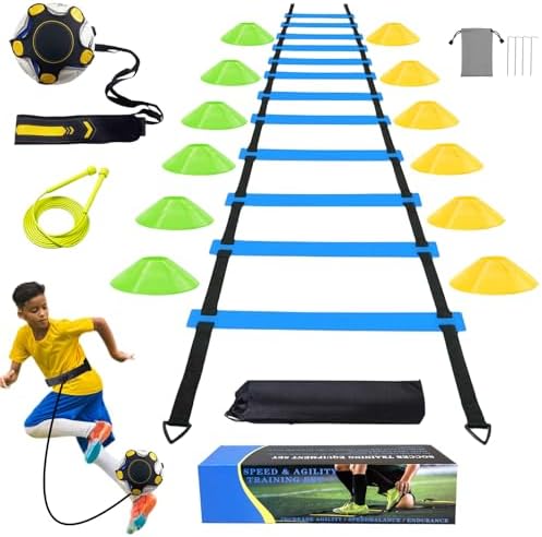 Soccer Agility Training Equipment Set, Soccer Accessories 12 Rung 20Ft Agility Ladder, 12 Disc Cones, Solo Soccer Trainer, Jump Rope - Speed Training Equipment Gifts for boy Tglitc