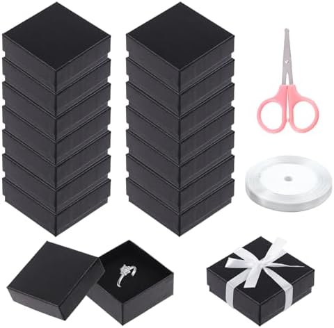 Swpeet 17Pcs 2.95 x 2.95 x 1.2Inch Black Fan Pattern Cardboard Jewelry Gift Boxes with Scissors and Polyester Ribbon Assortment Kit, Necklace Earring Bracelet Boxes Gift Case for Jewelry Storage Swpeet