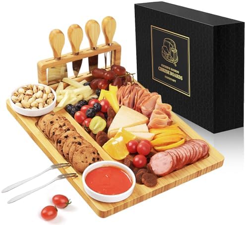 Large Charcuterie Boards Gift Set - Cheese Board and Knife Set with Extra Cheese Platter, Bamboo Charcuterie Board Cheeseboard Cheese Plate for House Warming Gifts New Home, Wedding Gifts xinyoec