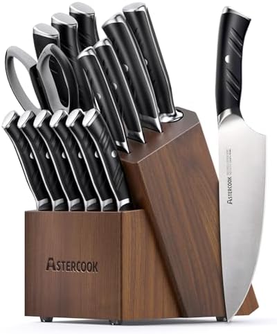 Astercook Kitchen Knife Set, 15 Piece Knife Block Sets with German 1.4116 Steel Sharper and Rust Proof, Full Tang Knives Set with Ergonomic Nylon Handle, Dishwasher Safe Black Astercook