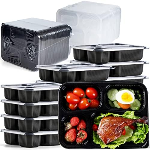 YANGRUI To Go Containers, Reusable 65 Pack 7.8 Inch BPA Free Black Clamshell Food Containers 30 oz Shrink Wrap 3 Compartment Freezer and Microwave Safe MFPP Take Out Containers YANGRUI