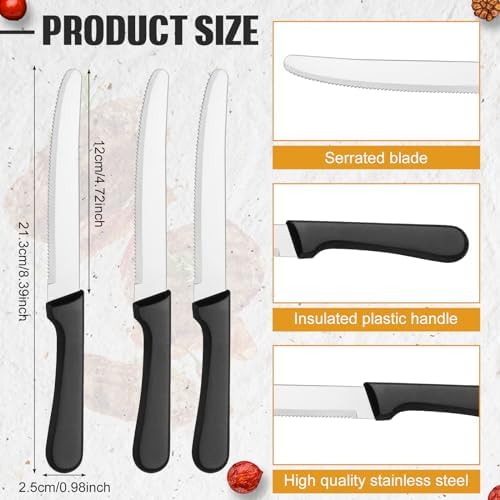 Zhehao 150 Pcs 8.39 Inches Steak Knife Sets Black Steak Knives Serrated Edge Dinner Knives Stainless Steel Table Knives with Plastic Handle and Round Tip for Home Restaurant Zhehao