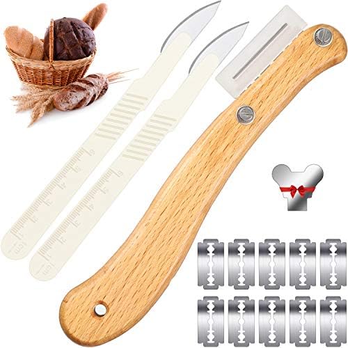 Mudder Bread Lame Scoring Tool Bread Dough Sourdough Tool Bread Knife with 10 Pcs Replaceable Blades Wooden Handle Lame Slashing and 2 Pcs Dough Scoring Knife with Protective Cover for Baking Mudder