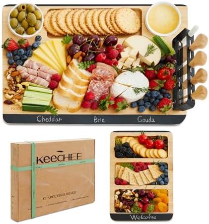 Charcuterie Boards Gift Set: Large Bamboo Cheese Board Set with Chalkboard Edge & Forks Set - Ideal for Housewarming, Weddings, Bridal Showers, and Unique Gifts for Mom keechee