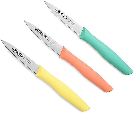 ARCOS Paring Knife Set of 3 Pieces 4 Inch Stainless Steel. Colorful Kitchen Knives for Peeling Fruits and Vegetables. Ergonomic Polypropylene Handle. Series Nova. Color Orange, Yellow and Blue. Arcos