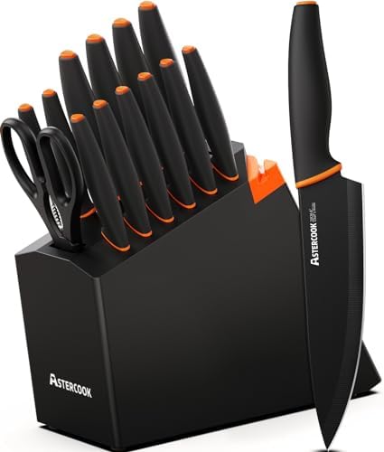 Knife Set, Astercook 15 Pcs Dishwasher Safe Kitchen Knife Set with Built-in Sharpener, High Carbon German Stainless Steel Black Knife Block Set Astercook