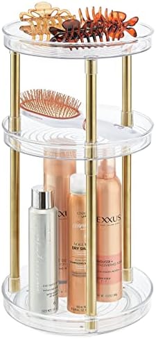 mDesign Spinning 3-Tier Lazy Susan 360 Rotating Makeup Organizer Storage Tower - Beauty Cosmetic Organization Caddy for Bathroom Vanity, Countertop, Makeup Table - Ligne Collection - Clear/Soft Brass mDesign