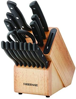 Farberware Edgekeeper 16-Piece Stainless Steel Knife Block Set with Built in Knife Sharpener, High Carbon-Stainless Steel Kitchen Knives, Razor-Sharp Knife Set, Black Farberware