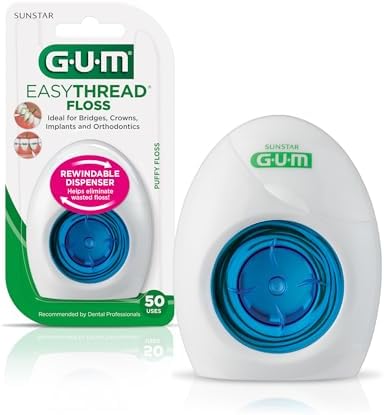 GUM EasyThread Threader Floss - Expanding Dental Floss for Braces, Bridges, and Implants - Built in Rigid Floss Threaders (50 Uses) Gum