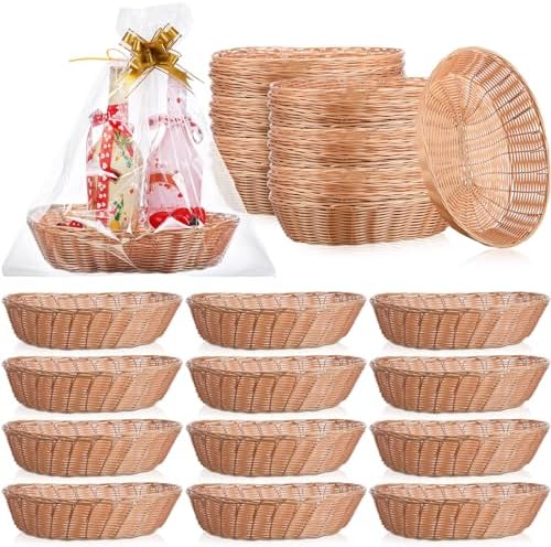 84 Pcs Baskets For Gifts Empty, Large Gift Basket Empty to Fill Food Storage Oval Basket with Clear Wrap Bag and Bow for Wedding Birthday Thanksgiving Christmas Holiday, 12.6 x 9.5 x 3.2 Inches Maitys