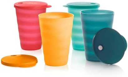 Tupperware Brand Impressions 16 oz Tumblers - Set of 4 - Dishwasher Safe & BPA Free - Mess-Free Reusable Plastic Cups with Lids Tupperware