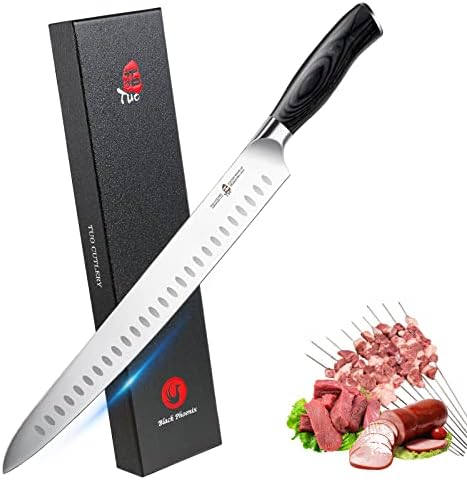 TUO Carving Knife, 12 inch Brisket Knife Slicing Knife Granton Edge Professional Slicer Meat Knife, Forged German Stainless Super Steel, Pakkawood Handle with Gift Box, Fiery Phoenix Series - Black TUO