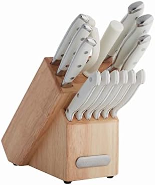 Farberware 15-Piece Forged Triple Rivet Knife Block Set, Razor-Sharp Kitchen Knife Set with Wood Block, High-Carbon Stainless Steel, White Farberware