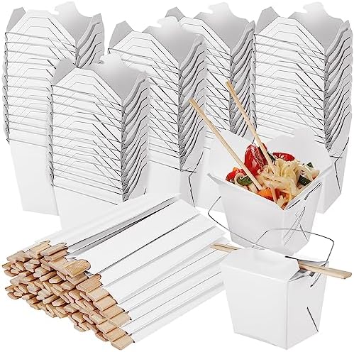 Tanlade 50 Set 16 oz Chinese Take out Boxes and Disposable Chopsticks, Paper Chinese Food Containers with Metal Wire Handle Food Pail Individually Wrapped Bamboo Wooden Chopstick for Hot or Cold Food Tanlade