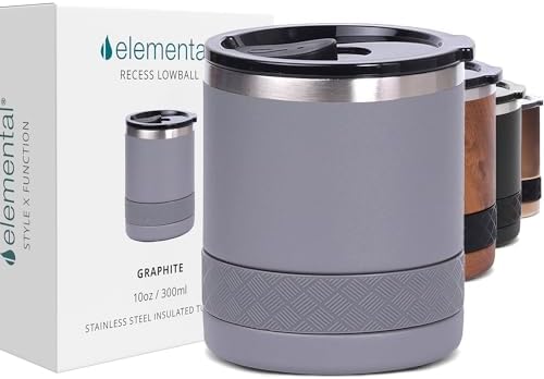 Elemental Recess Lowball Tumbler, 10oz Triple Wall Stainless Steel Cup with Non-Shattered Tritan Lid, Insulated Whiskey Glass, Insulated Coffee Tumbler Mug for Hot & Cold Drinks - Black Elemental