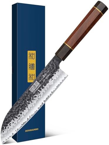 Chef's Santoku Knife 7 Inch, Professional Japanese VG-10 Super Steel Chef Knife, Ultra Sharp Kitchen Knife with Octagonal Rosewood Handle HOSHANHO