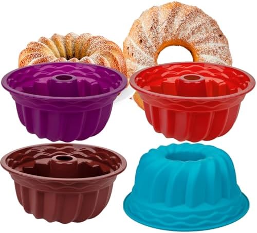 Nicunom 4 Pack Silicone Fluted Pans, 9 inch Non-stick Baking Molds Silicone Cake Molds Round Baking Pans, BPA Free Fluted Tube Pan Bakeware for Cake, Gelatin, Bread, Jello, Para Gelatinas Nicunom