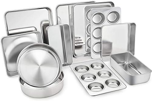 TeamFar Stainless Steel Bakeware Set of 11, Toaster Oven Baking Pan Set, Lasagna Pan, Square & Round Cake Pan, Loaf Pan & Muffin Pan, Healthy & Heavy Duty, Dishwasher Safe & Smooth TeamFar