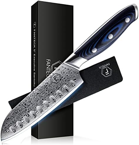 FANTECK Santoku Knife 5 Inch Damascus Japanese Steel Kitchen Knife,VG10 67-Layer High Carbon Full Tang Best Chef Santoku knives for Pro Chef&Restaurant, Blue G10 Handle,Gift Box&Sheath F FANTECK