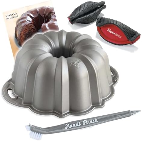 Nordic Ware Platinum Silver Anniversary 12 Cup Bundt Pan With Cleaning Tool + Kitchen Grips Pot Holder and Recipe Card Nordic Ware