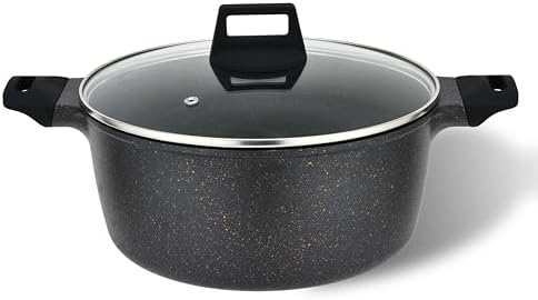 Vivicreate cast aluminum stock pot pan with lid, Marble color non stick coating, stainless steel bottom, long handle with rubber coating, dishwasher machine (9.5 INCH) Vivicreate