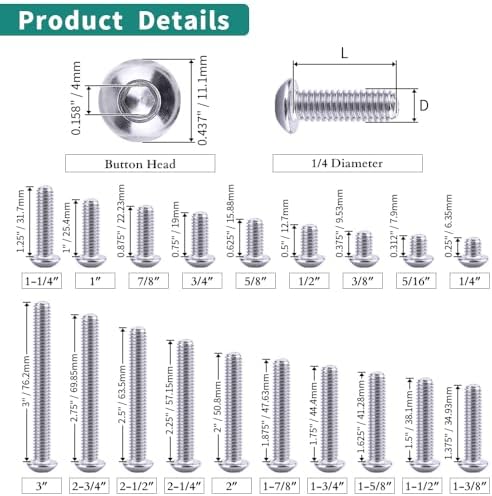 1/4-20 x 2-1/2" Button Head Socket Cap Bolts Screws, 304 Stainless Steel 18-8, Allen Hex Drive, Bright Finish, Fully Machine Thread, Pack of 20 EASTLO