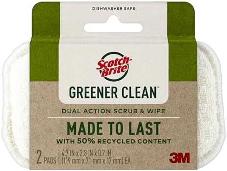 Scotch-Brite Greener Clean Dual Action Scrub & Wipe, for Washing Dishes and Cleaning Kitchen, Dish Scrubber for Washing Dishes, Superior Performance and Made with Sustainable Materials, 2 Pads Scotch-Brite