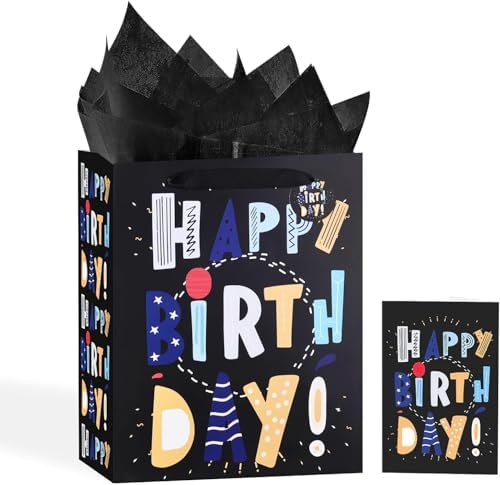 Powbrace 13" Kids’ Birthday Gift Bag Set (Black, 1PCS) with Card & Tissue Paper, Medium Size for Boys, Girls, Baby Boy Powbrace