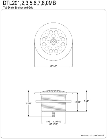 Kingston Brass DTL200MB Bathtub Strainer Drain with Rubber, Matte Black Kingston Brass