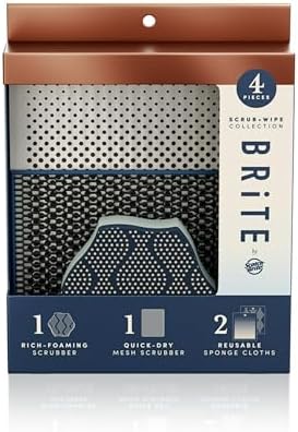 Brite by Scotch-Brite Limited Edition 4-Piece Scrub and Wipe Collection with 1 Rich-Foaming Dish Scrubber, 1 Quick-Dry Mesh Scrubber, and 2 Reusable Sponge Cloths Scotch-Brite