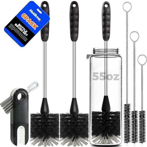 Holikme 6 Pack Bottle Brush Set, 14" Long Handle Stainless Steel Bottle Cleaner Brush, 3 Straw Brushes, 3-in-1 Bottle Cleaning Brush for Water Bottle, Baby Bottle, Straws Black Holikme