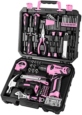 DEKOPRO Drill Set: Tool Set with 8V Red Cordless Drill, Home Tool Kit with Drill, Hand Tool Kits for Women 126 Piece Dekopro